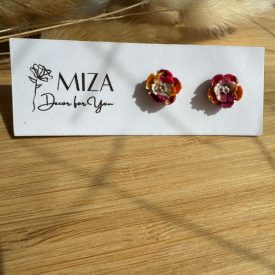   10 szirmú virág bedugós fülbevaló - tarka (magenta-narancs - törtfehér - arany)