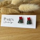 Karácsonyfa bedugós fülbevaló - piros masnival, arany gyöngyökkel