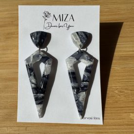   2 részes lándzsa alakú fülbevaló - fekete - márvány hatású - lakkozott