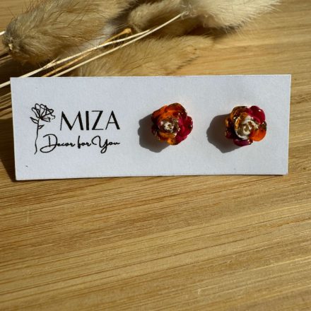 Rózsa bedugós fülbevaló - tarka (magenta-narancs - törtfehér - arany)