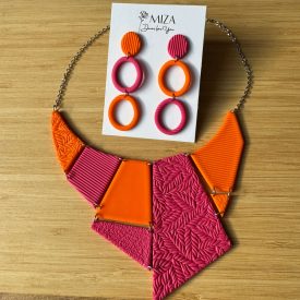   Színes Geometrikus Nyaklánc és fülbevaló szett - narancs - magenta