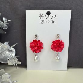   Sziromfelhő díszítésű kerek fülbevaló gyönggyel - eper piros 