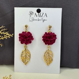   Sziromfelhő díszítésű kerek fülbevaló levéllel - burgundi