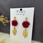 Sziromfelhő díszítésű kerek fülbevaló levéllel - burgundi