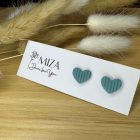 Szív bedugós fülbevaló - pasztell zöld, csíkos dombormintás 