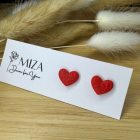 Szív bedugós fülbevaló - piros, levél textúrával