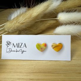 Szív bedugós fülbevaló - sárga, zöld tarka 2