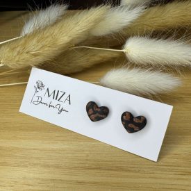 Szív bedugós fülbevaló - fekete-leopárd mintás