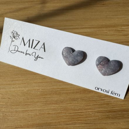 Szív bedugós fülbevaló -  szürke csimmáos