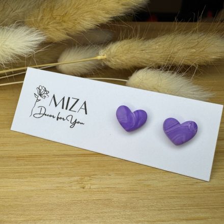 Szív bedugós fülbevaló - lila márványos
