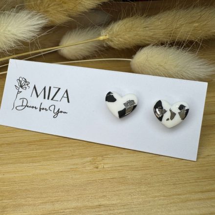 Szív bedugós fülbevaló - fekete-fehér-ezüst tarka