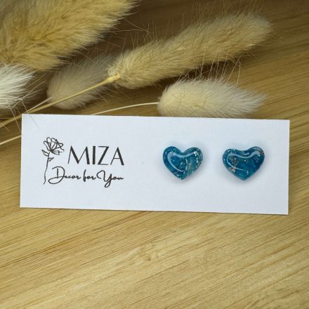 Szív bedugós fülbevaló - kék márvány hatású lakkozott