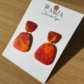   2 részes tompa trapéz fülbevaló - Piros-narancs márvány mintás