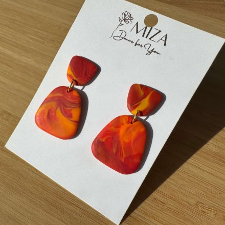 2 részes tompa trapéz fülbevaló - Piros-narancs márvány mintás